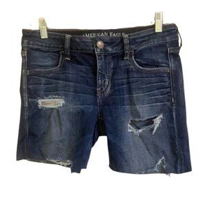 American Eagle Women’s Sz 10 Blue Dark‎ Wash Distressed Super Low Jegging Shorts